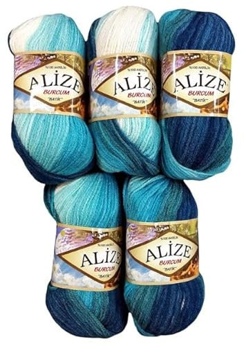 5 x 100 Gramm Alize Burcum Batik Wolle mehrfarbig mit Farbverlauf, 500 Gramm Acryl Strickwolle bunt (petrol türkis weiss 1892)
