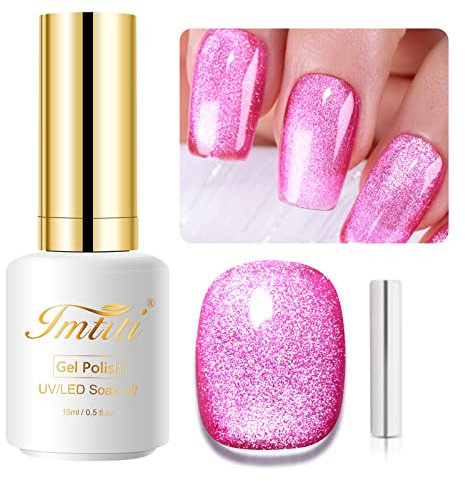 Smalto Gel Unghie Semipermanente Occhio di Gatto Magnetico Glitter Rosso Violaceo Medio, Cat Eye Holographic Shining Super Brillante 15ml