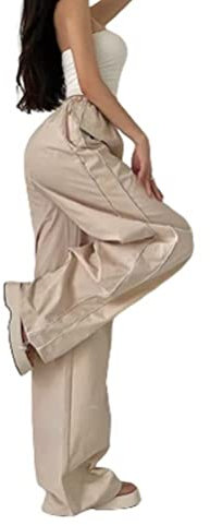 Odizli Cargohose Damen Baggy High Waist Vintage Y2K 2000er Cargo Parachute Track Pants Hip Hop Freizeithose Fallschirmhose Jogginghose Trackpants Teenager Mädchen Streetwear mit Taschen Beige M