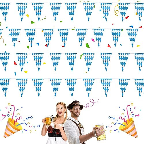 30M Oktoberfest Girlande Deko, 3 Stück Oktoberfest Bayrische Wimpelkette, Oktoberfest Deko Wimpelkette, Bayrisch Blau/Weiß Wetterfest Banner, für Oktoberfest Party Hausgarten Bar Bierzelte