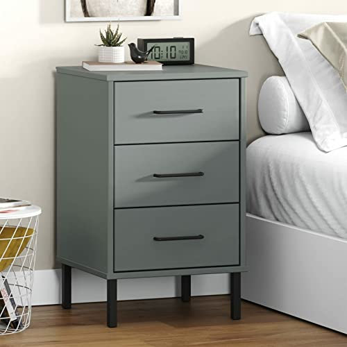 JUNZAI Nachttisch Oslo mit Metallbeinen, Nachtschrank, Nachtkonsole, Bedside Tables, Beistellschrank, Nachtkästchen, Nachtkommode, Nightstand, Grau Massivholz Kiefer