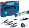 Bosch Professional set d’outils à main 13 pièces (avec 2 pinces, 1 cutter classique, 1 mètre ruban, 1 niveau à bulle de 25 cm, 1 cutter à lame pliante, 10 lames de rechange, dans L-BOXX)