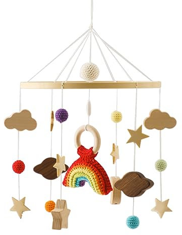 Mobile Baby Windspiele, Häkelnadel 3D Mond Sonne Regenbogen Mobile Baby Babybett Wickeltisch Holz mit Wolken, Hängende Bettglocke Ornament Geschenk für Baby Mädchen oder Jungen (Regenbogen1)