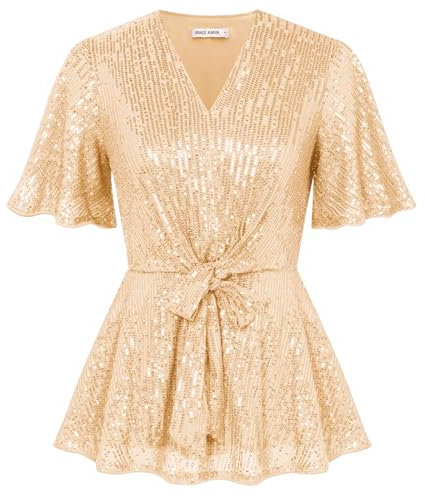Damen Vintage Bluse Party Pailletten Tops Kurzarm Shirt Elegant A-Linie Gold Bluse Glitzende Tunika Gold Party Kleidung M