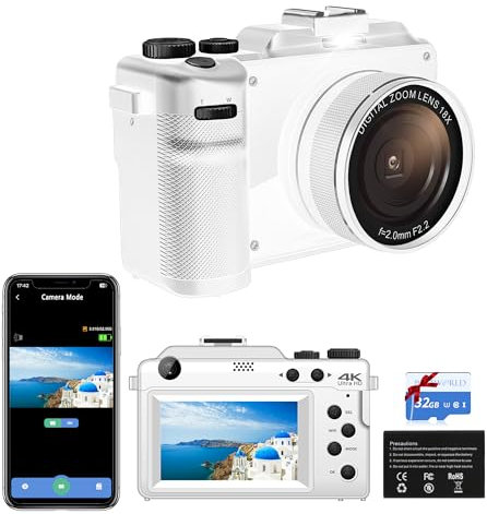 PORTWORLD 4K Digital Compact Camera for Photography: 18X Zoom Travel Vlogging Camera with 32GB TF Card for Youtube Tk, 3''Autofocus Compact Camera for Teenagers Beginners
