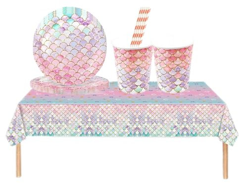 Aszaui 46 Piezas Decoracion Cumpleaños Sirena, Juego de Vajilla de Fiesta de Cumpleaños de Sirena,Platos y Vasos para Sirena Suministros para la Fiesta Chica,para 15 Invitados