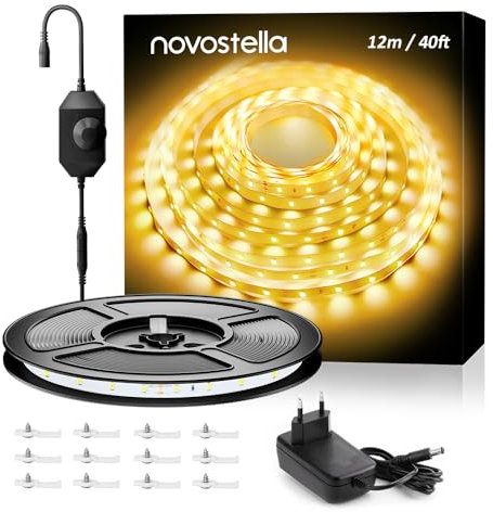 NOVOSTELLA Warmweiss DIY Flexible LED Leiste, 12M 24V LED Streifen mit 672 LEDs, Dimmbar, 3000K Bars mit Netzteil für Küche Heimdekoration Selbstklebend