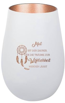 Der-Porzellan-Laden Windlicht mit Gravur Mut ist der Zauber Weiß Bronze | Teelichthalter aus Glas mit Spruch Tischdeko modern