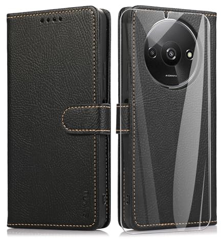 SMYTU Coque pour Xiaomi Redmi A3 4G (6,71) + Verre Trempé,Protection Portefeuille Case Cover de Magnétique for Xiaomi Redmi A3 4G,Housse en Cuir Case - Noir