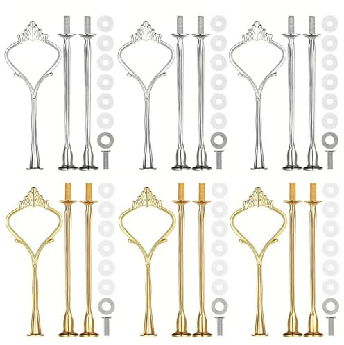 6 Sets Cake Stand Fittings - 32CM 3 Tier Afternoon Tea Cake Stands Handle Hardware Holder, Cake Stand Mold Crown for Cakes Fruit Candy Display Tower Party Food Stands Birthday Wedding (Silver Gold)