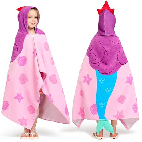 Joiedomi Mermaid 127 x 77 cm Badeponcho Kinder Kapuzenhandtuch für Kids - Weiches Baumwoll-Badetuch von 3-10 Jahren -saugfähiges Poncho Handtuch