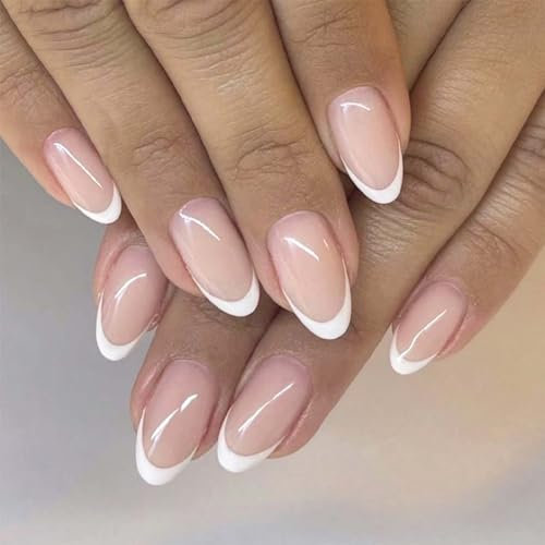 Almond False Nails - 24Pcs French Tip False Nail - Nude Almond Press on Nails - Medium Length Glossy Full Cover Glue on Nails - DIY Arts for Women (White French Style)
