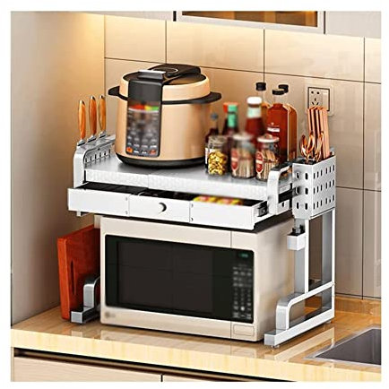 YIHANSS Stainless Steel Microwave Stand Adjustable Retractable Drawer Single Tier Countertop Microwave Shelf Strong Load Bearing
