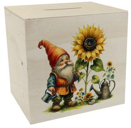 Gartenzwerg mit Gießkanne Spardose aus Holz Figur Sonnenblume im Garten Zierpflanze Zwerg Blume Dekoartikel