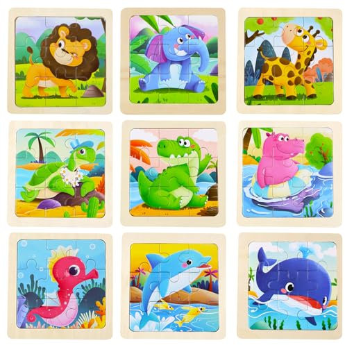 Wooden Jigsaw Puzzles for Kids 3 4 5 Year Old, 9 Packs 9 Pieces Toddlers Animal Puzzles Children Jigsaw Puzzles Kids Puzzle Toys Educational Preschool Learning Toys for KIds Boys Girls (Animal)