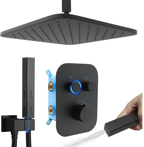 Delnet Upgraded Thermostatic Shower System with 10 Rain Shower Head - Dual Simultaneous Use, Adjustable Flow, Matte Black