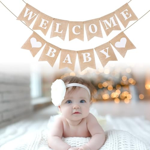 Andibro Vintage Leinen Welcome Baby Banner,Rustikal Leinen Buchstaben Wimpel Girlande Willkommen Baby Banner Haus Dekoration für Zuhause Party Empfang Babyparty Wimpelkette mit 13 STK Wimpeln