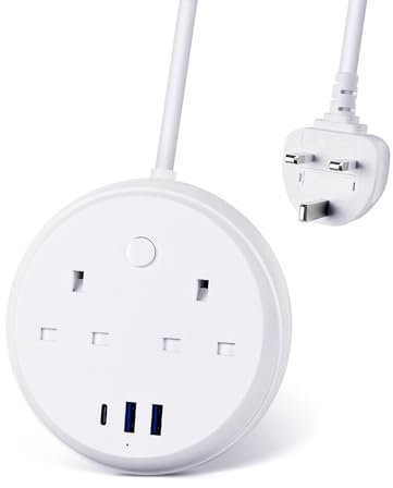 Travel Extension Lead by KOOSLA, Extension Lead with USB Slots, Power Strips with 2 Way Outlets & 3 USB(1 Type C), 1.5M Multi Power Plug Extension for Cruise Ship, Travel, Home and Office, White