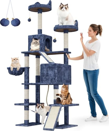 Devoko Árbol Rascador Grande,209cm Gato Árbol XXL Gato Rascador,con 8 Cuerda de Sisal para Rascador,2 Tableros Rascadores,2 Plataformas,1 Hamaca para Gato,Cuevas,Hamaca,Peluches (Azul Claro)