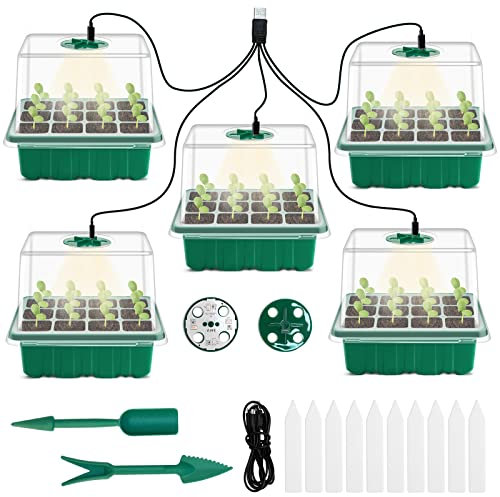 DOUUCO Mini Serre pour Plantes, Lot de 5 Mini Serres de Culture d'intérieur avec Lumière Spectre Complet, Bac à semis Pépinière Boîte de Culture Durables, avec Couvercle Haut et Ventilation, Vert
