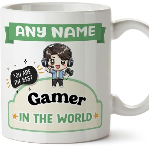 MUGFFINS Personalised Mug for Gamer Man - in English - Best in The World - Kawaii - Funny Custom Gift for Colleagues - Ceramic 11oz Mug