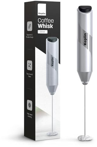 Keplin Handheld Milk Frother - Stainless Steel Electric Whisk - Portable Battery Operated Coffee Stirrer for Lattes, Matcha, Protein Shakes - Ergonomic, Compact, Easy to Clean & Use (Silver)