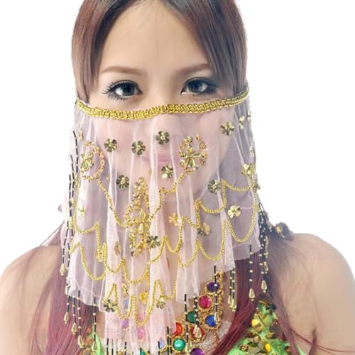 MUNAFIE Gesichtsschleier mit Pailletten Bauchtanz Kostüm Festival Zubehör Schleier Rosa