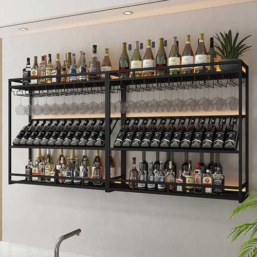 DOUYRN Mensole portabottiglie a Parete con Luce LED, mensola portabottiglie con portabicchieri, mensole sospese a Parete, mensola portabottiglie per liquori, mensole portabottiglie per so
