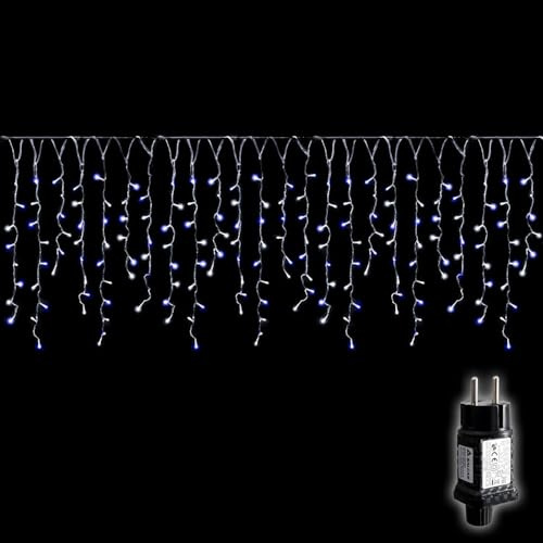 SALCAR Cortina de Luces LED Lluvia de Hielo Exterior, 10m 400 LEDs Cortina Luminosa Interior Navidad con 8 Modos, Temporizador y Memoria, Impermeable Decoración para Balcón Pabellón, Azul y Blanco
