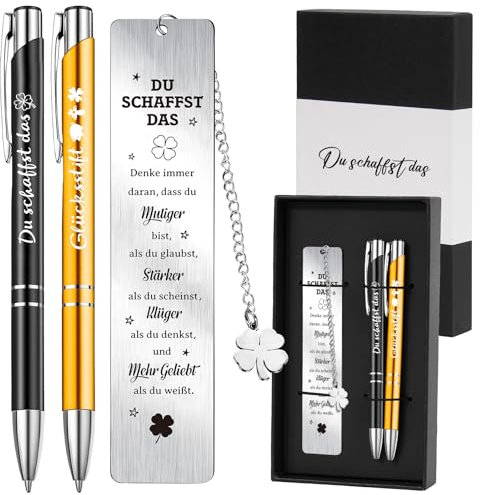 BOFUNX Mutmacher Geschenk Set 2 Stück Du Schaffst Das Glücksbringer Kugelschreiber mit Lesezeichen Box Aufmunterung Geschenke Abschiedsgeschenk für Abitur Bachelor Prüfung Freund Kollege Abschied