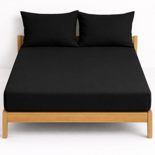 NIYS Luxury Bedding Finest 100% Egyptian Cotton 10/25CM Fitted Sheets in 15 Colours (Black, Super King + pillow case pair)