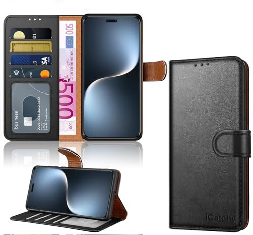 iCatchy for Honor Magic 7 Pro Case with 4 Card Slots Leather Wallet Flip Book RFID Blocking Magnetic Closure Kickstand Shockproof Protective Phone Cover Compatible with Honor Magic 7 Pro (Black)