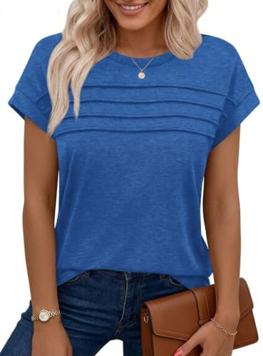 Chicrise Shirts for Women UK Crew Neck Casual Plain Tank Tops Cap Sleeves Basic Solid Color T-Shirt Blue Large 16-18