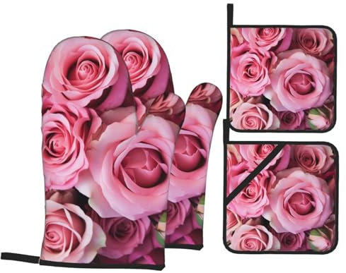 Lot de 4 maniques et maniques résistantes à la chaleur - Motif rose - Antidérapants et imperméables - Pour la cuisine, le barbecue