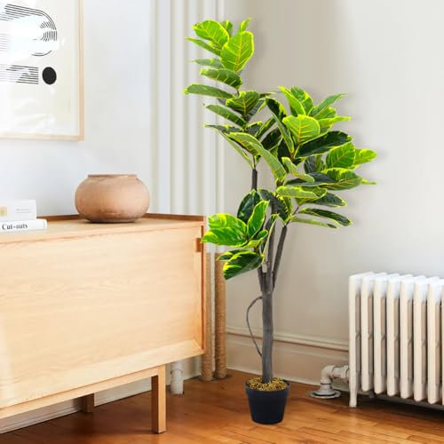 FUKEA 5FT/150CM Artificial Plants Outdoor UV Resistant Artificial Rubber Tree Large Fake Fig Plant for Indoor Garden Office Decorative