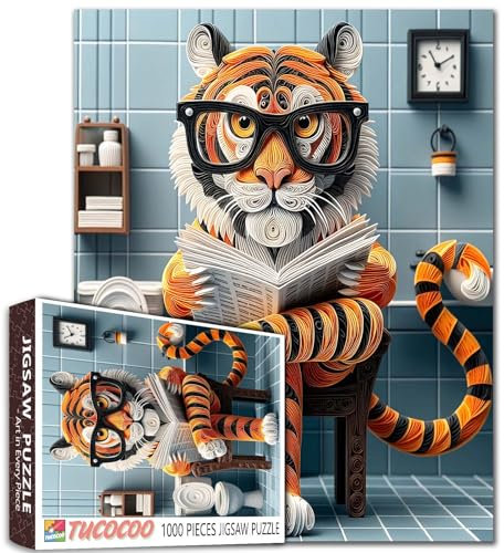 Serious Tiger Animal Sitting on Toilet Jigsaw Puzzle for Adults 1000 Piece Bathroom Animal Reading Books Wearing Glasses Puzzle Unique Home Decor Gifts Gifts for Friends and Family Wall Decor