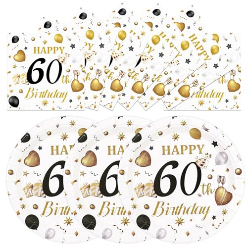 HFBOBP 50PCS 60th Birthday Plates and Napkins Party Decorations, 7 Inch White and Gold Happy Birthday Paper Dessert Cake Plates and Napkins Disposable Tableware Set Party Favors for Women Men