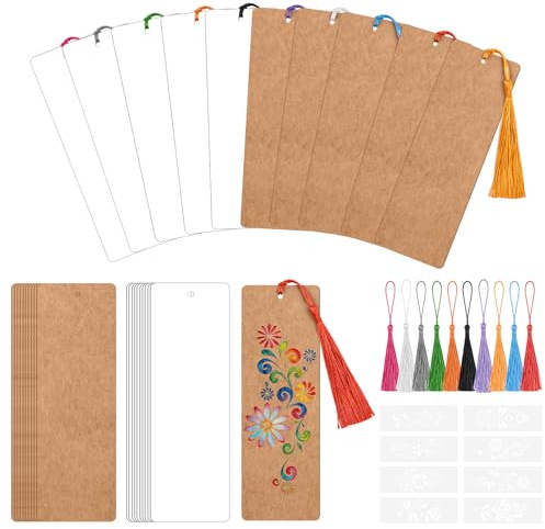 Bouiexye Lesezeichen-Bastelset mit 30 leeren Lesezeichen zum Selbstgestalten und 30 bunten Quasten für Bastelarbeiten, Schulprojekte und Geschenkanhänger