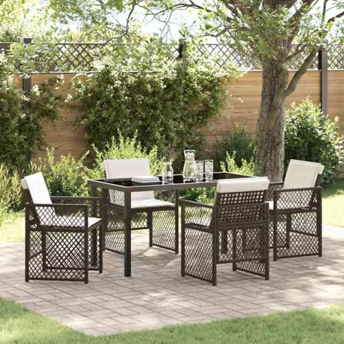 Ordellia Garten Essgruppe 5-teilig, Braun Poly-Rattan, Outdoor Möbel Set mit Glastisch, 4 Stühlen, Balkon Gartenmöbel