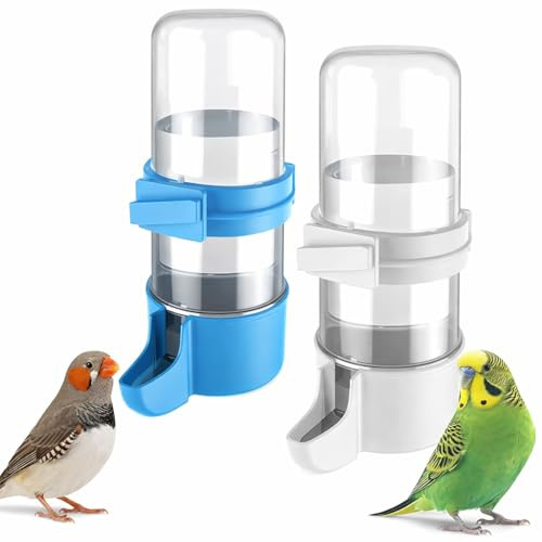 2 Pcs Automatic Bird Water Dispenser, Cage-Mounted Bird Water Feeder, Budgie Water Dispenser for Parakeet, Cockatiel, Parrot & Hamster (White & Blue)