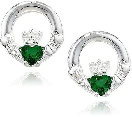 Claddagh Boucles d'oreilles clous en argent sterling 925/clous d'oreille avec Vert émeraude CZ pierres