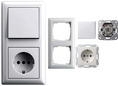 GIRA Komplett Set 2fach Kombi - 1x Wippschalter 1x SCHUKO Steckdose - Farbe/Form (Standard 55/E2) wählbar / Einsatz 010600 + Schalterabdeckung 029603 + Steckdose 018803 + Rahmen 021203