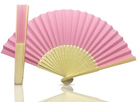 Vruti's Pink Paper Foldable Hand Held Bamboo and Wooden Fan