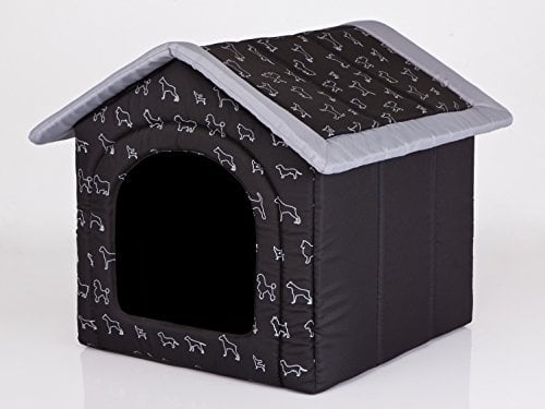 HobbyDog Hundehaus Hundehütte für mittelgroße Hunde - Katzenhaus, Katzenhöhle - mit herausnehmbarem Dach - Tierhaus für Katzen und Hunde für Drinnen/Indoor 60 x 55 x 60 cm [XL] Schwarz mit Hundemuster