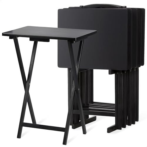 PJ Wood 5-Piece Folding Tv Tray & Snack Table Black | 14.5 x 19 in Surface, 26 in Height, Cross Base, Rectangle Shape, Indoor Use, 34.5 lb Total Weight