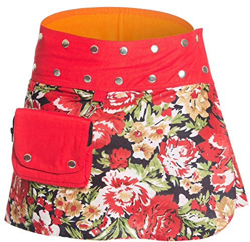 Damen Minirock aus Indien mit Tasche und 2 Mustern zum Wenden, Sommerrock kurz, Wenderock, Wickelrock Goa Gypsy Hüftschmeichler Rock - mit 18 Nieten Druckknöpfen, flexibel, Rot