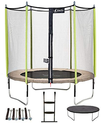 Kangui - Trampoline de Jardin 244 cm + Filet de sécurité + échelle + bâche de Protection + kit d'ancrage JUMPI Taupe/Vert 250