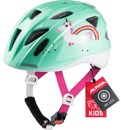 ALPINA XIMO - Leichter, Sicherer & Bruchfester Fahrradhelm Mit LED-Licht Für Kinder, Mint Unicorn, 45-49 cm