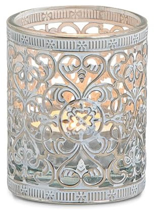 Vintage Kerzenglas Windlicht silber weiss in 7 cm - Modernes Windlichtglas als Kerzenständer Laterne und Teelichthalter - Boho Kerzenhalter Teelichtglas für Wohnzimmer Tisch-Deko, Balkon, Hochzeit