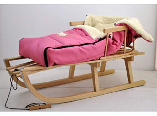 Holzschlitten Kinderschlitten aus Buchenholz Rückenlehne inkl. Zugseil + Winterfußsack Schlittensack 40 x 90 cm Fußsack Schlitten Metallkufen Rosa